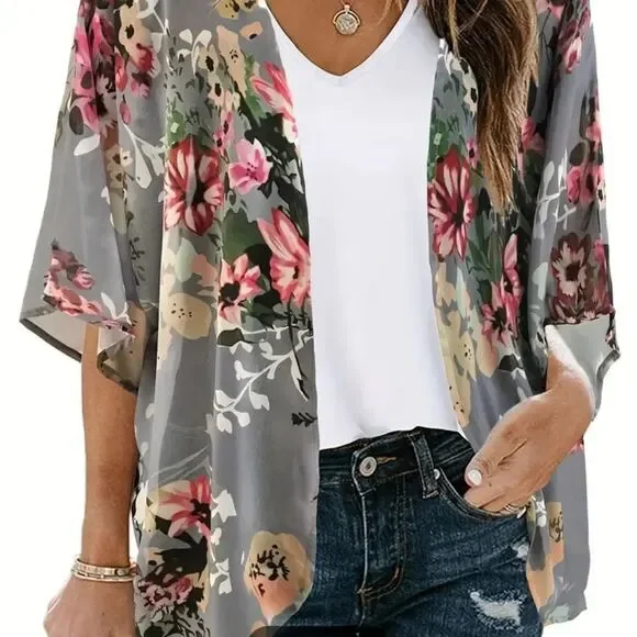 Flower Shrug, Open Front Loose Blouse Multi Versatile. Stunning. Closet Staple!! - Picture 2 of 8